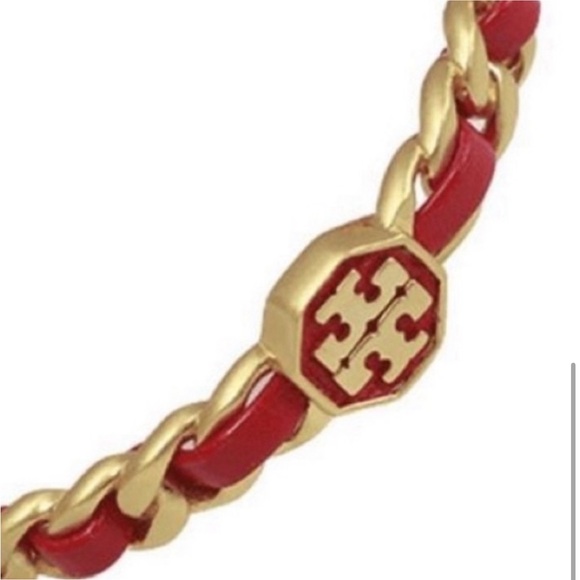 Tory Burch 18 K gold plated brass / nickel free Gorgeous Red Woven leather chain - Picture 3 of 9